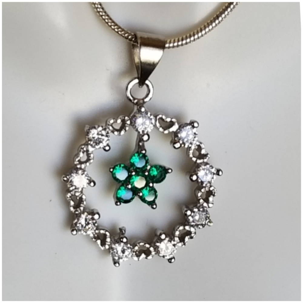 Genuine Emerald & White Sapphires Pendant 1" long